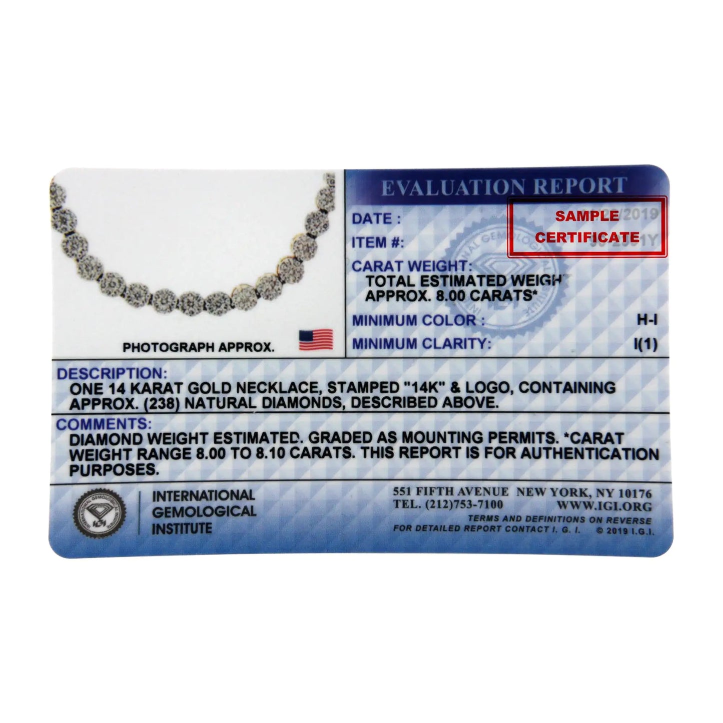 Collier de remise de diplôme Riviera en or 14 carats certifié IGI de 8,0 carats avec pavé de diamants ronds (couleur HI, clarté I1)