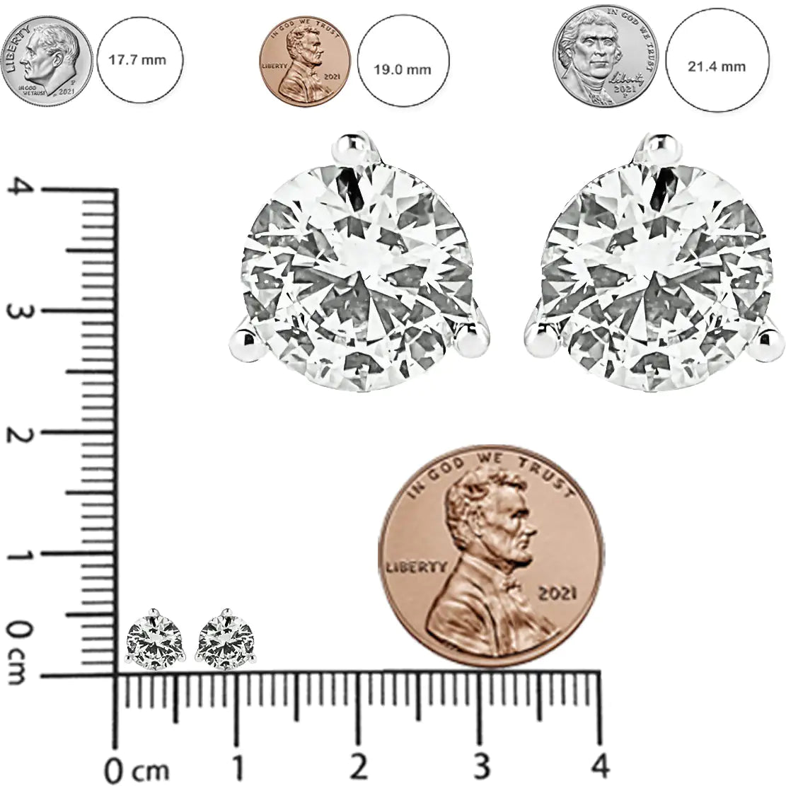 14 Karat Weißgold, 2,0 Karat, 3-zackiges Martini-Set, brillante, rund geschliffene Solitär-Diamanten im Labor gezüchtet, Ohrstecker mit Schraubverschluss (FG-Farbe, VS2-SI1-Klarheit)