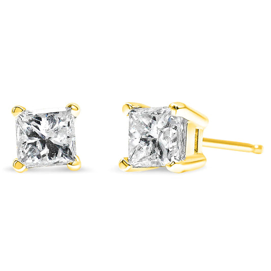 Boucles d'oreilles solitaires à 4 griffes avec diamant carré taille princesse 1/2 carat certifié AGS en or jaune 14 carats (sans couleur, clarté VS1-VS2)