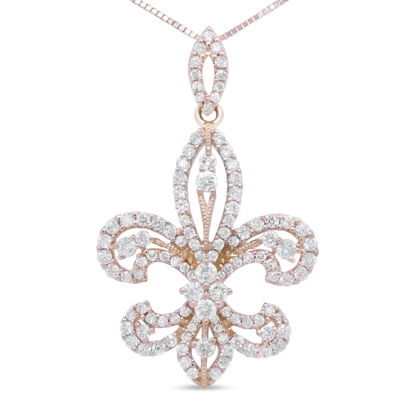 Collier avec pendentif fleur de lys en or jaune 14 carats 1,00 carat avec diamant rond de 45,7 cm (couleur HI, clarté SI2-I1)