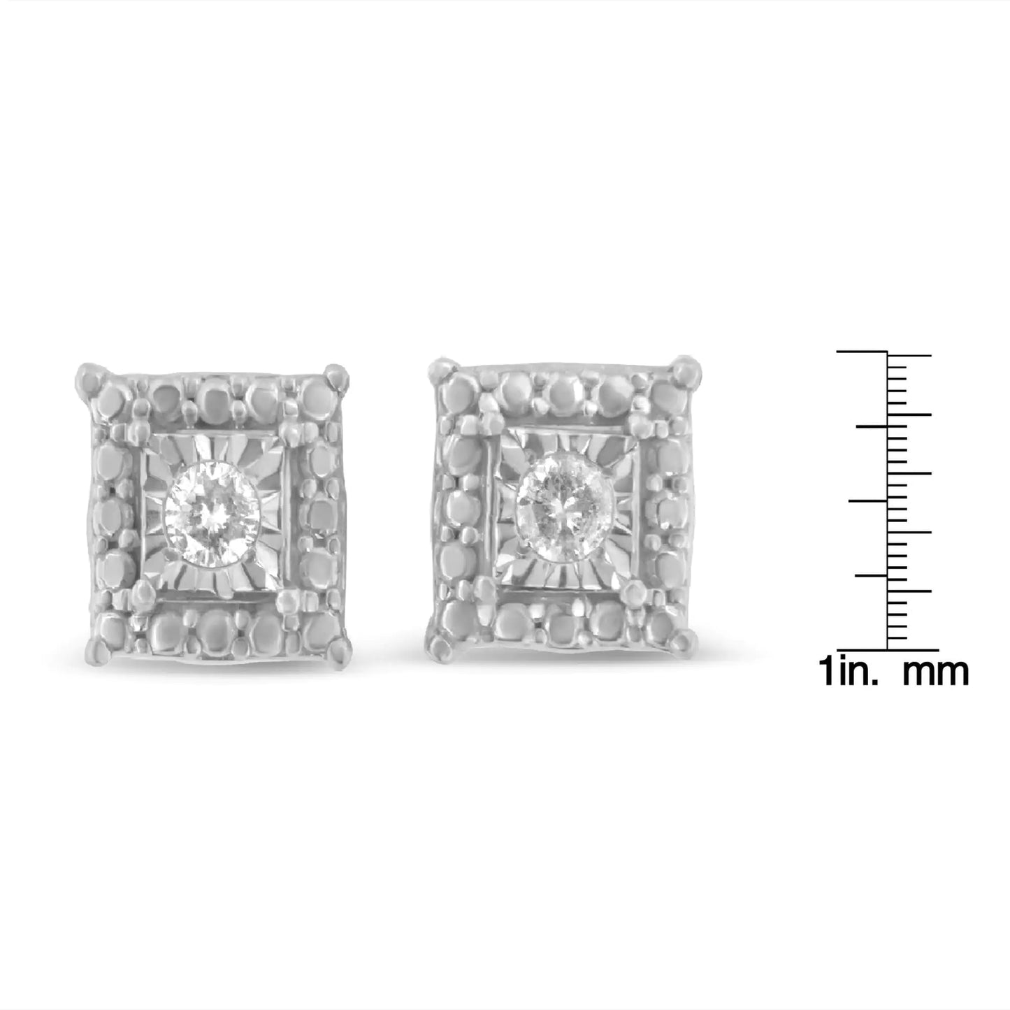 .925 Sterling Silver 1/10 Cttw Round Brilliant-Cut Near Colorless Diamond Miracle-Set Beaded Square Stud Earrings (H-I Color, I2-I3 Clarity)