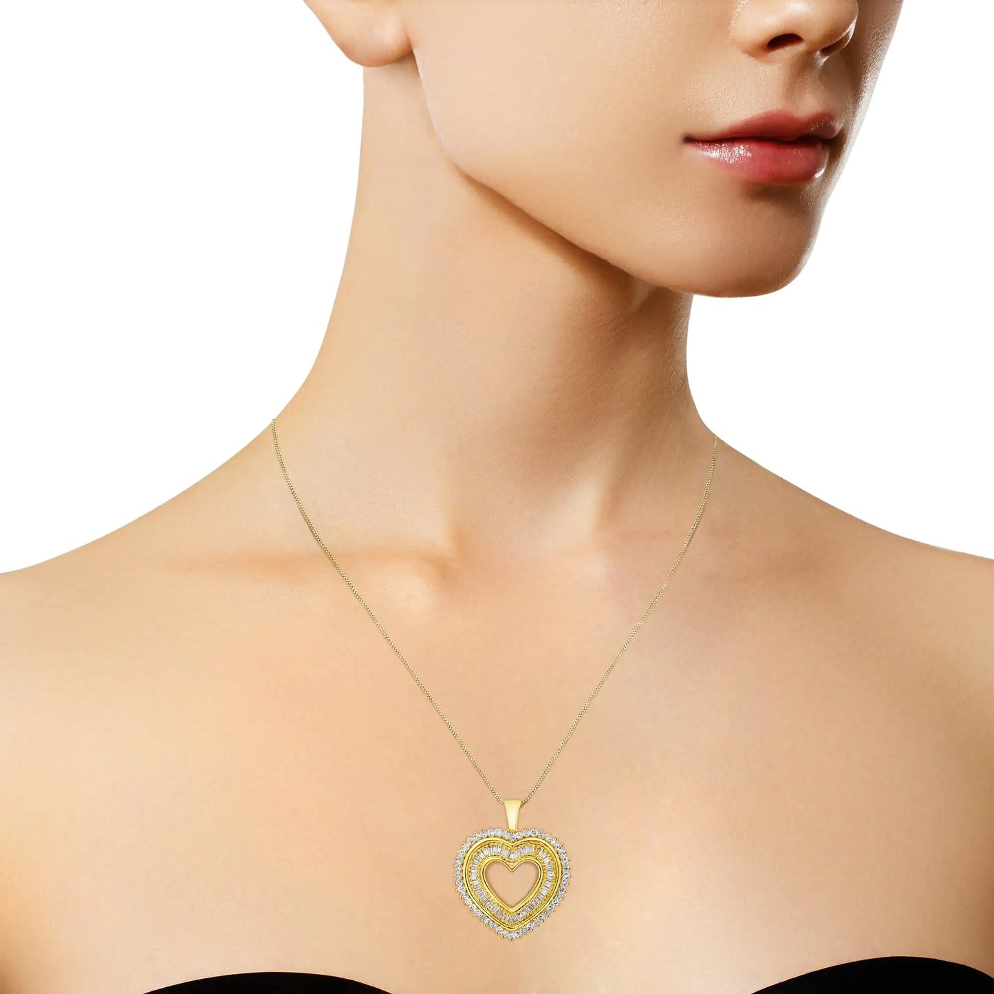 Collier avec pendentif en argent sterling 925 plaqué or jaune 14 carats avec diamants ronds et taille baguette de 1,0 carat en forme de baguette, 45,7 cm (couleur IJ, clarté I1-I2)