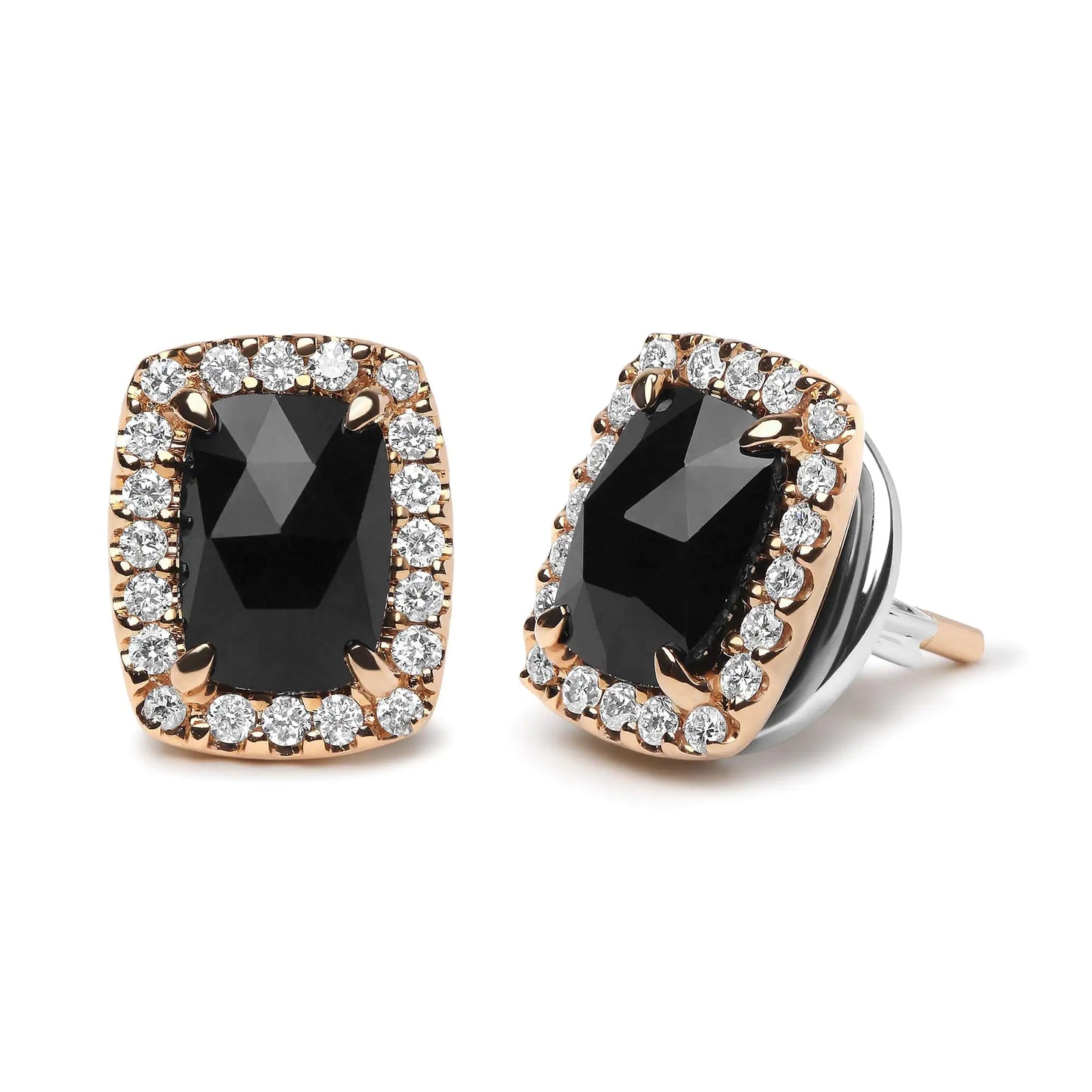 Boucles d'oreilles à tige en or rose et blanc 18 carats avec diamant rond 1/4 carat et onyx noir taille coussin 8 x 6 mm (couleur GH, clarté SI1-SI2)