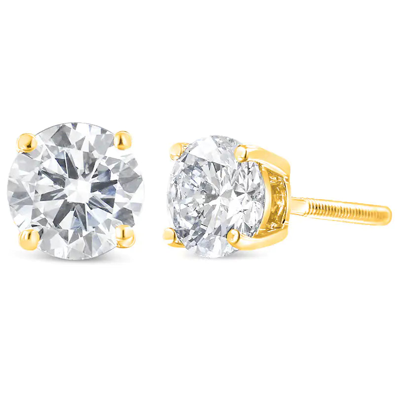 Boucles d'oreilles à tige classiques à 4 griffes en or jaune 14 carats 1,00 carat avec diamant rond taille brillant presque incolore avec fermoirs à vis (couleur JK, clarté SI1-SI2)