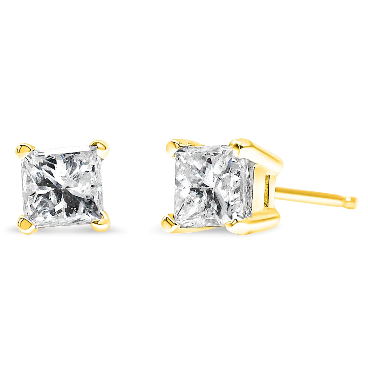 Boucles d'oreilles solitaires à 4 griffes avec diamant carré taille princesse certifié AGS en or jaune 14 carats (couleur LM, pureté SI1-SI2)