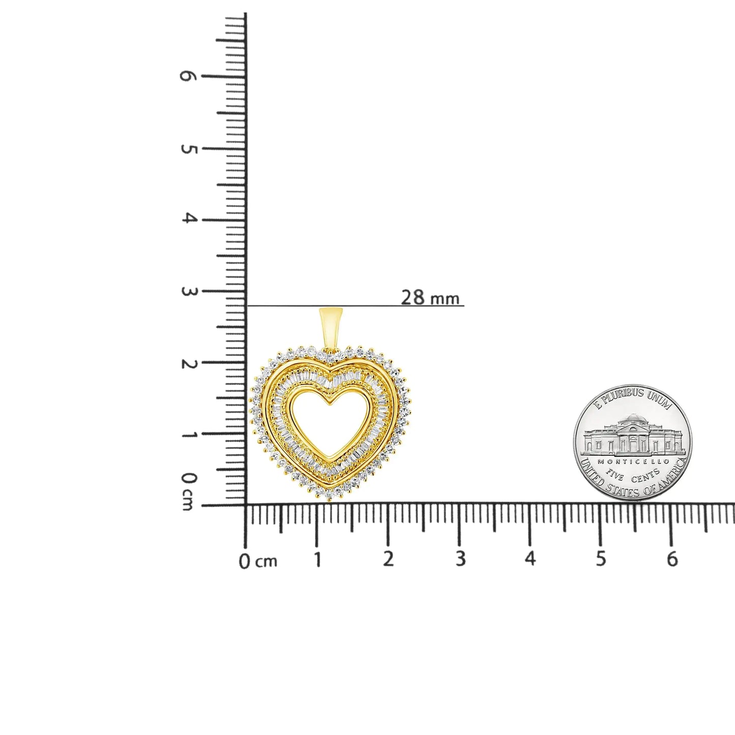 Halskette mit Anhänger aus 925er Sterlingsilber mit 14 Karat Gelbgold plattiert, 1,0 Karat, rund und Baguette-Diamant, zusammengesetzter Herz-Anhänger, 45,7 cm (IJ-Farbe, I1-I2-Klarheit)