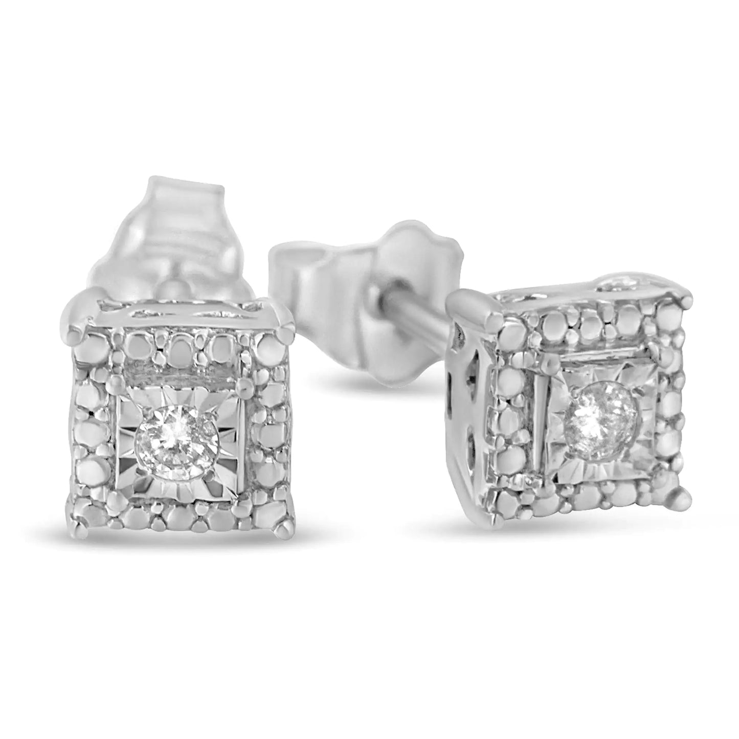 .925 Sterling Silver 1/10 Cttw Round Brilliant-Cut Near Colorless Diamond Miracle-Set Beaded Square Stud Earrings (H-I Color, I2-I3 Clarity)