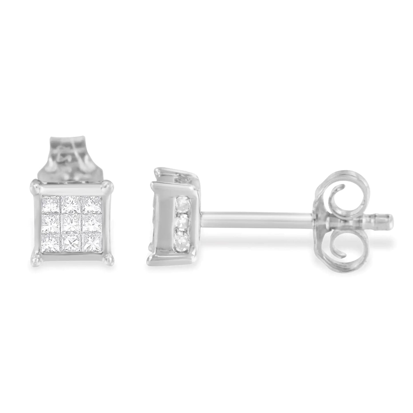 Boucles d'oreilles à tige carrées en argent sterling avec diamants taille princesse (0,3 carat au total, couleur HI, clarté I1-I2)