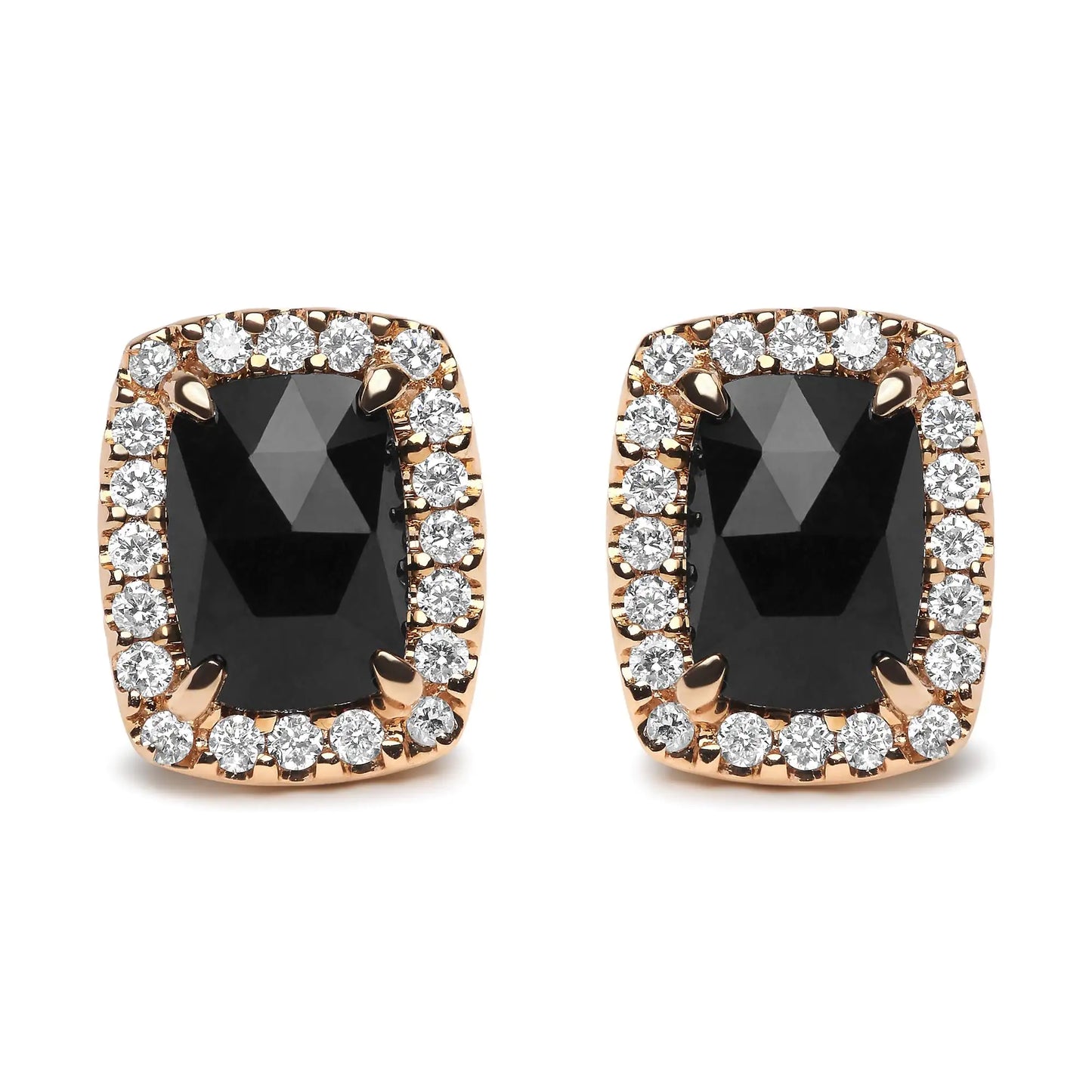 Boucles d'oreilles à tige en or rose et blanc 18 carats avec diamant rond 1/4 carat et onyx noir taille coussin 8 x 6 mm (couleur GH, clarté SI1-SI2)