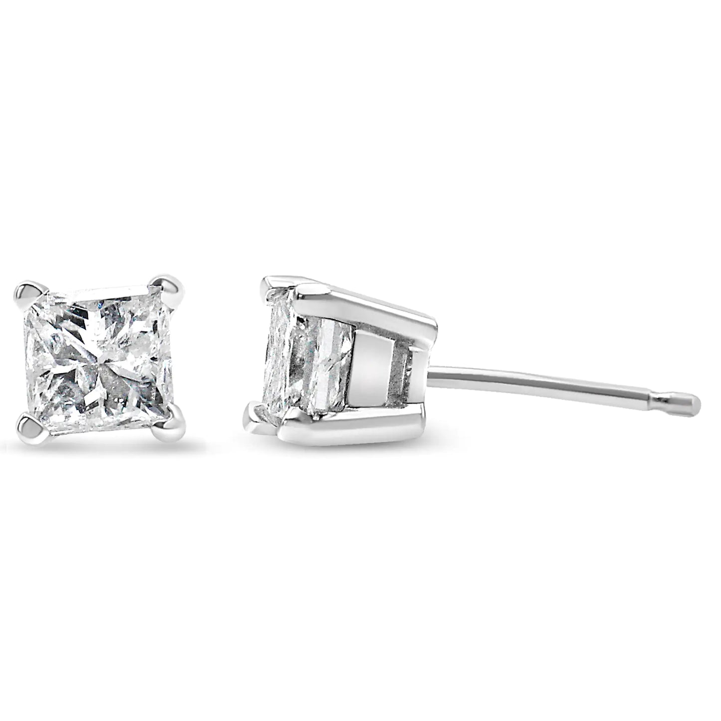 Boucles d'oreilles à tige solitaire carrées à 4 griffes en or 14 carats avec diamant taille princesse certifié AGS (couleur LM, clarté I1-I2)