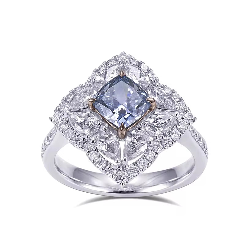 18K Fancy Blue Lab Diamond Ring Cushion Cut Ring Unique Design Wedding Engagement Ring