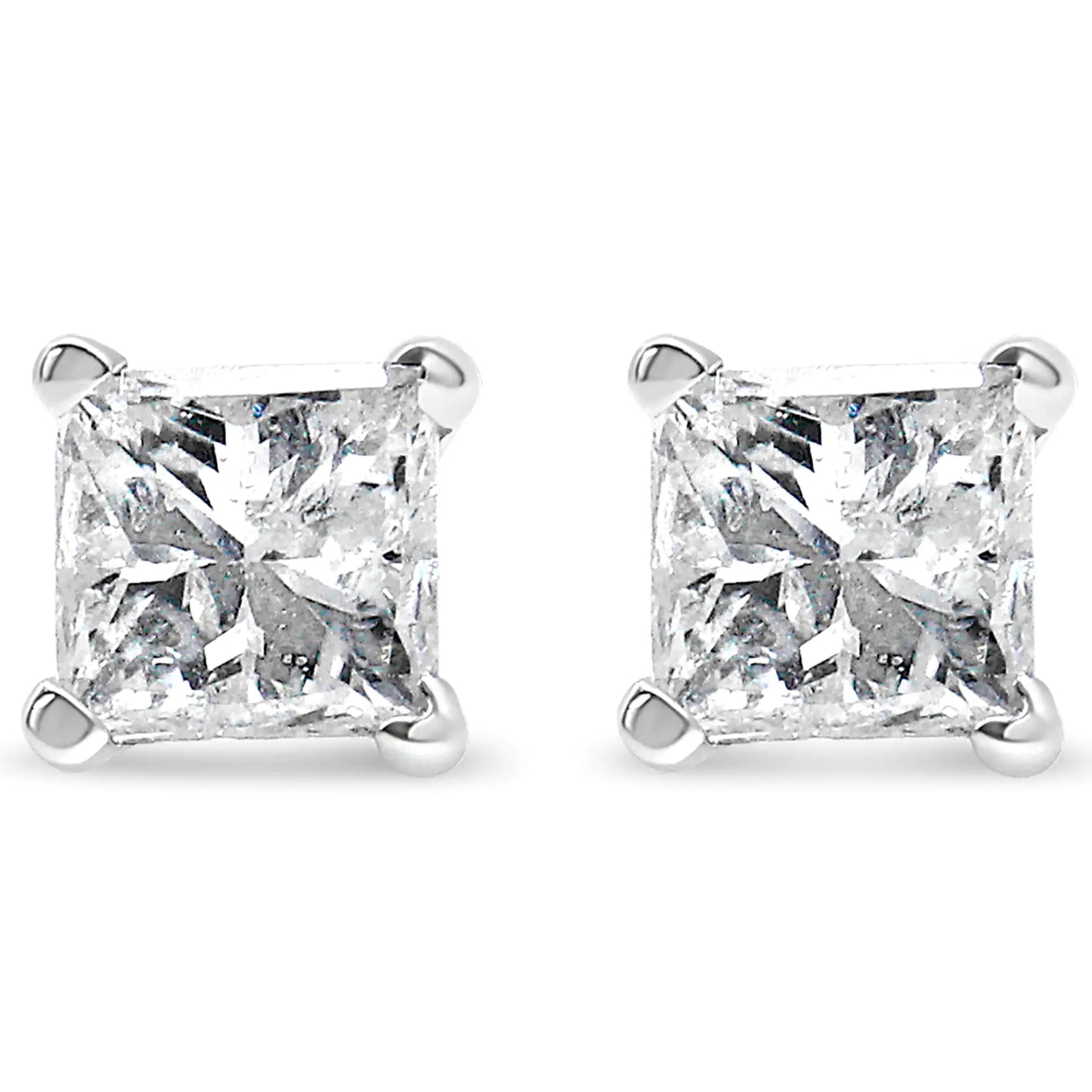 Boucles d'oreilles à tige solitaire carrées à 4 griffes en or 14 carats avec diamant taille princesse certifié AGS (couleur LM, clarté I1-I2)