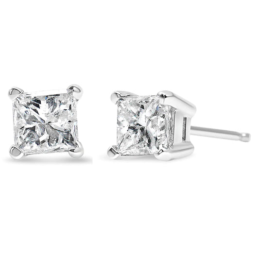 Boucles d'oreilles solitaires à 4 griffes avec diamant carré taille princesse certifié AGS en or jaune 14 carats (couleur LM, pureté SI1-SI2)