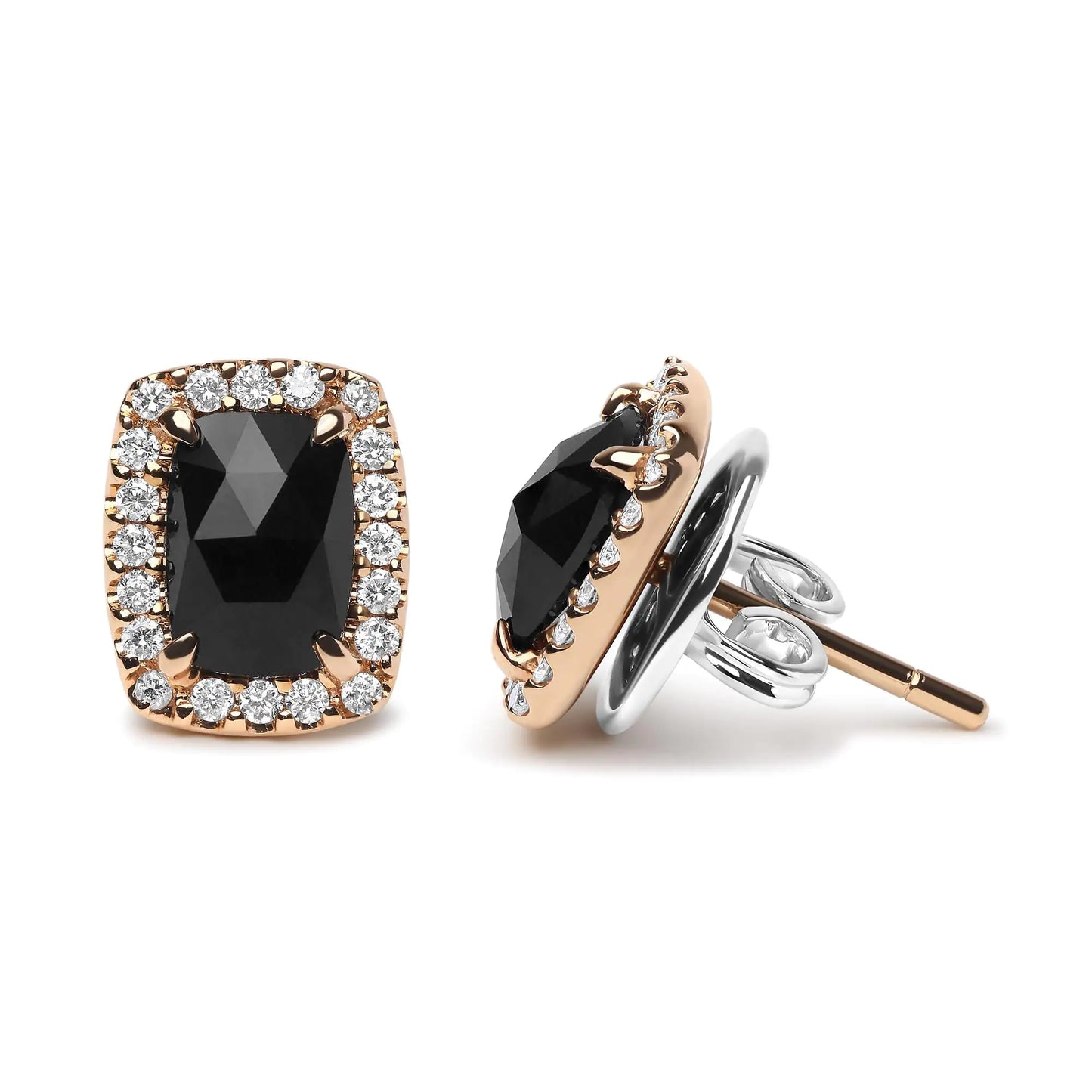 Boucles d'oreilles à tige en or rose et blanc 18 carats avec diamant rond 1/4 carat et onyx noir taille coussin 8 x 6 mm (couleur GH, clarté SI1-SI2)