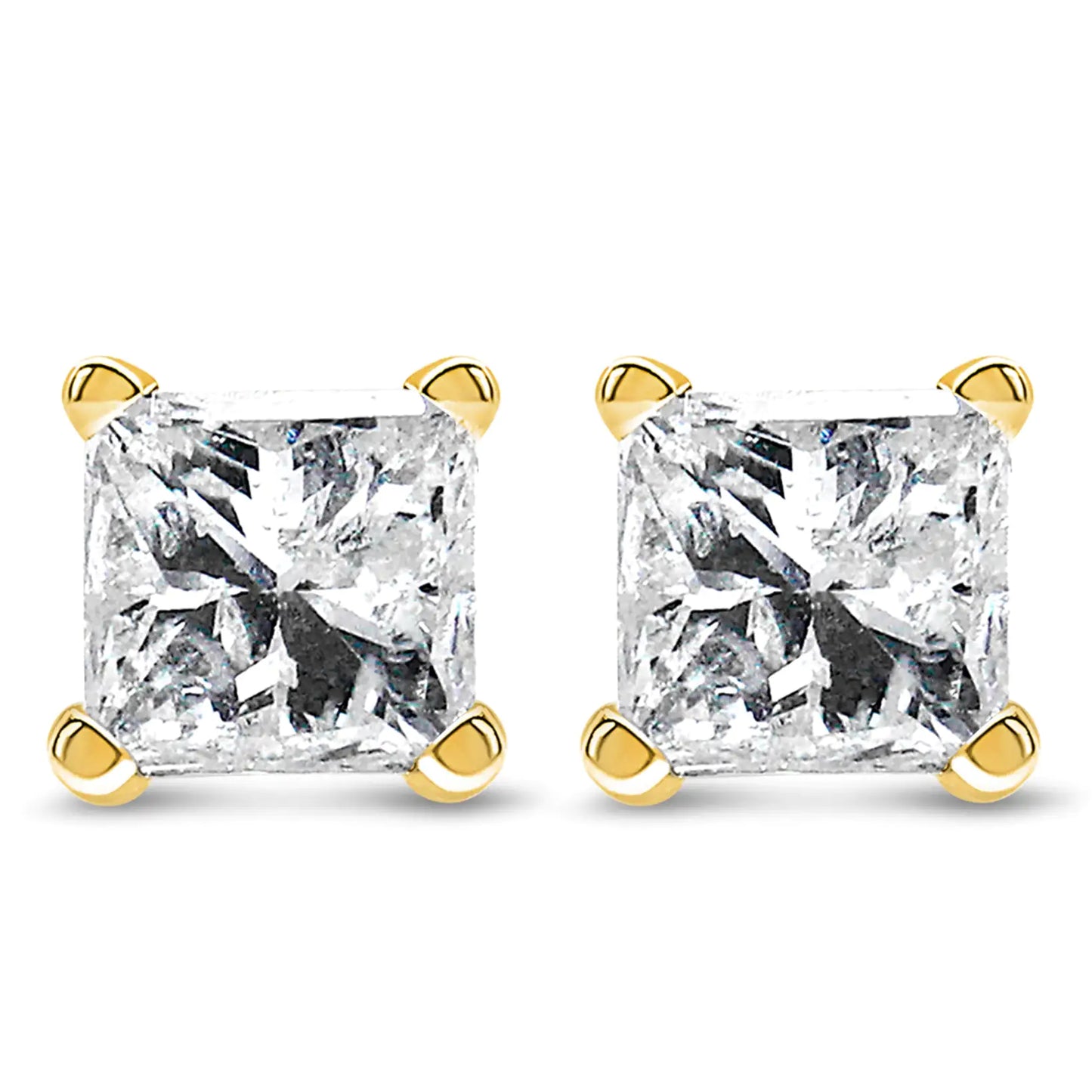 Boucles d'oreilles à tige en or 14 carats certifié AGS, ensemble de 4 griffes, diamant solitaire taille princesse (couleur JK, clarté I1-I2)