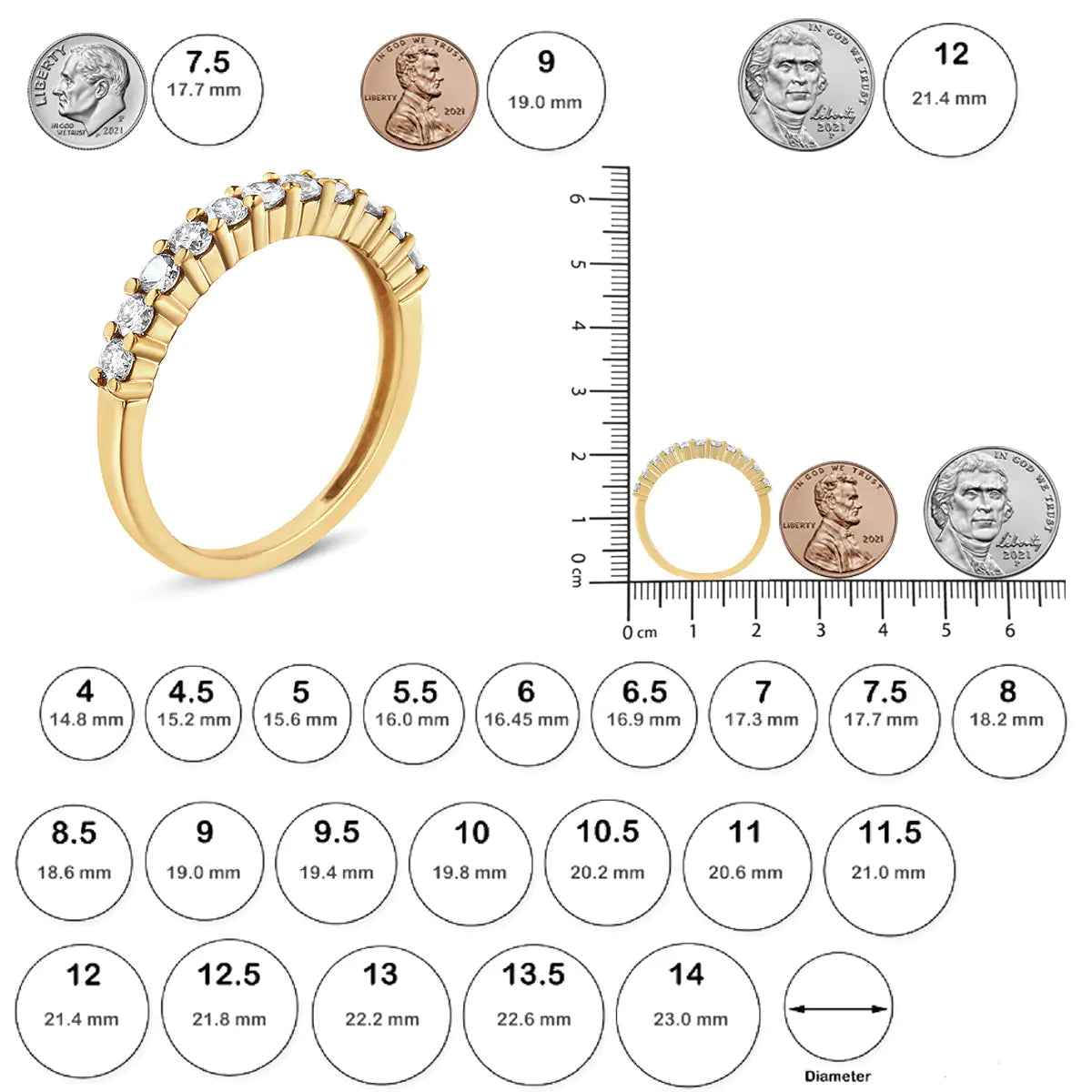 Bague en argent sterling 925 plaqué or jaune 14 carats 1/2 carat avec griffes partagées, diamants ronds brillants, 11 pierres (couleur IJ, clarté SI1-SI2)