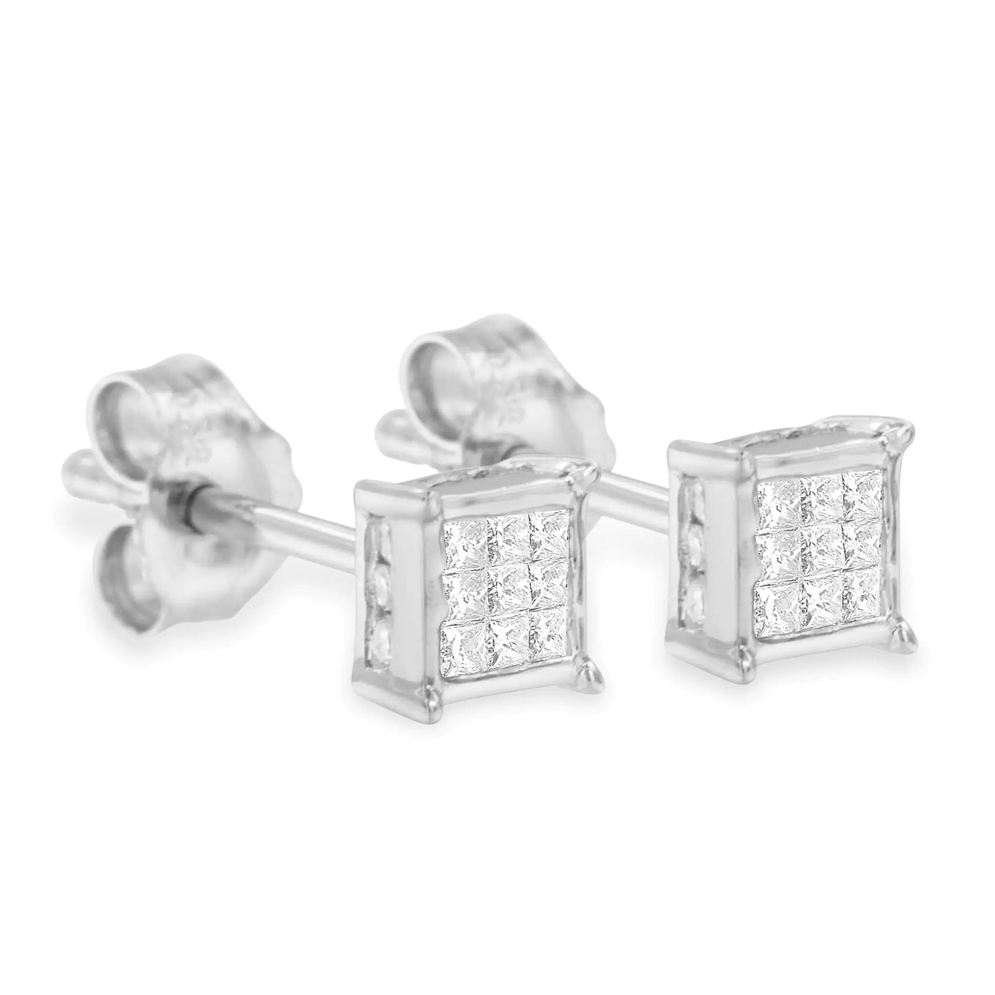 Boucles d'oreilles à tige carrées en argent sterling avec diamants taille princesse (0,3 carat au total, couleur HI, clarté I1-I2)