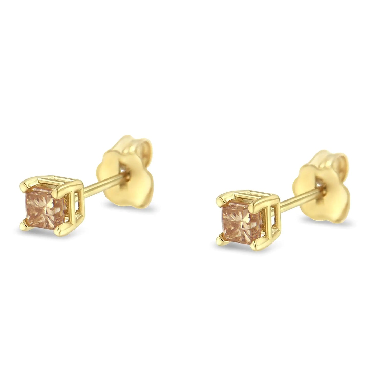 Boucles d'oreilles à tige en or 14 carats certifié AGS, ensemble de 4 griffes, diamant solitaire taille princesse (couleur JK, clarté I1-I2)